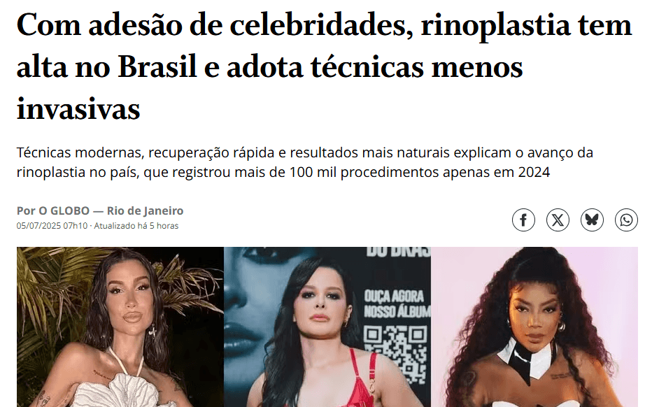 Com adesão de celebridades, rinoplastia tem alta no Brasil e adota técnicas menos invasivas