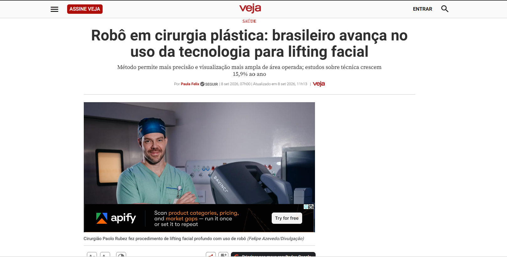 Robô em cirurgia plástica: brasileiro avança no uso da tecnologia para lifting facial